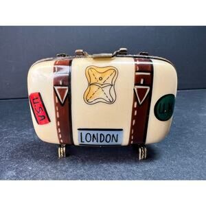 Vintage Limoges Peint Main London Suitcase Trinket Box France